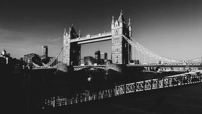 Tower Bridge in black and white with heavy shadows