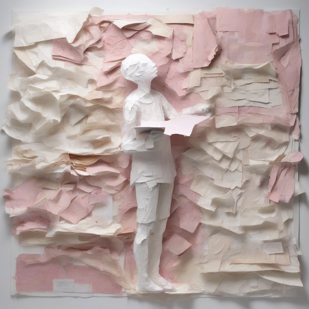 An artwork of a person made out of pink sticky notes